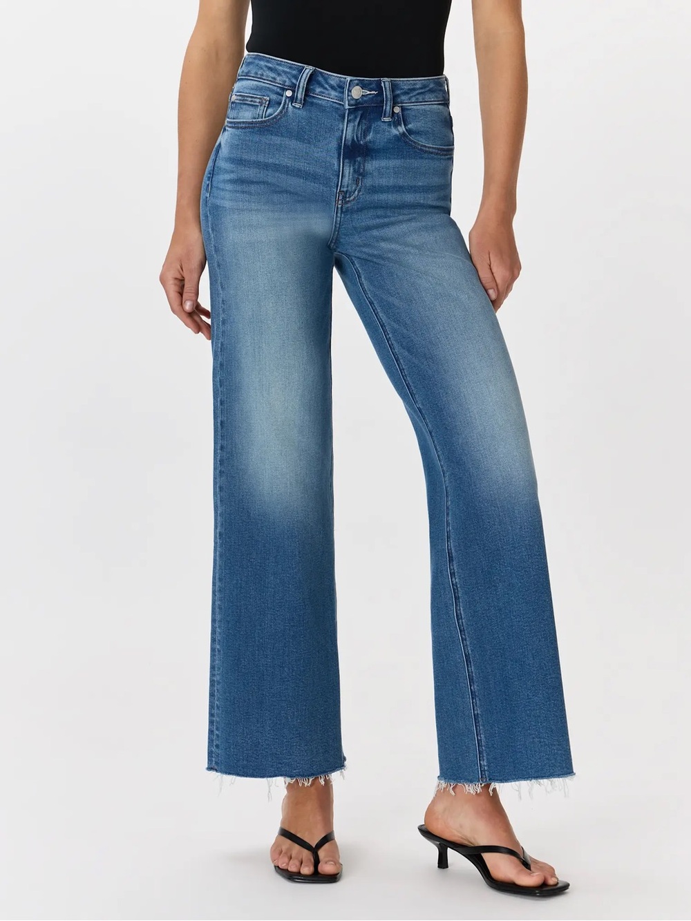 Quince Bella Stretch Wide Leg Jeans Twilight Blue Fray Raw Hem Size 27 Inseam 28